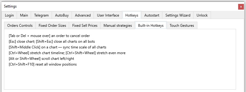 Moonbot Terminal: Settings tab – Hotkeys: Built-in Hotkeys